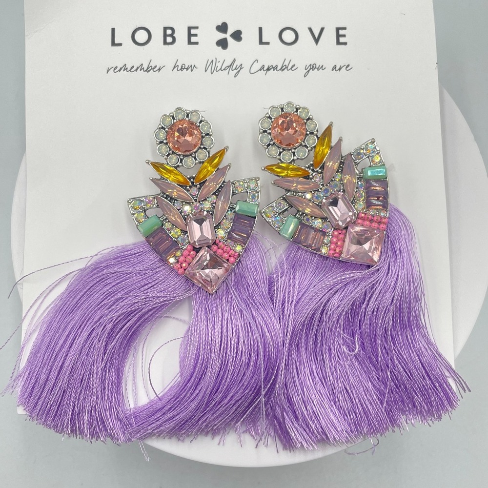VTG Y2K Pastel Statement Tassel Earrings Pink Rhinestone Purple Fringe Drop Boho